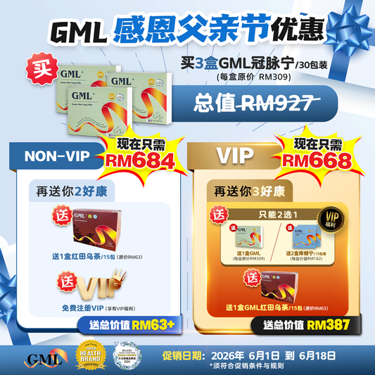 【感恩父亲节优惠】3盒GML冠脉宁  [送1盒红田乌茶 +送VIP会员]，限时优惠到6月18日