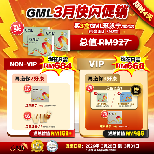 【3月快闪促销】3盒GML冠脉宁  [送1盒安肝宁 +送VIP会员]，限时优惠到3月31日